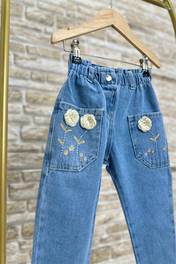 Kız Çocuk Örme Çiçekli Jean Pantolon