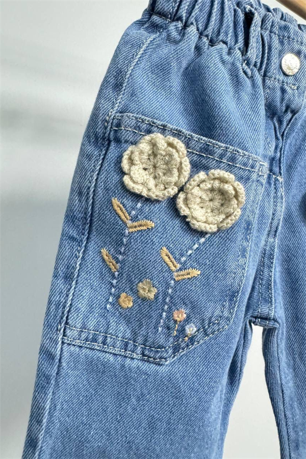 Kız Çocuk Örme Çiçekli Jean Pantolon