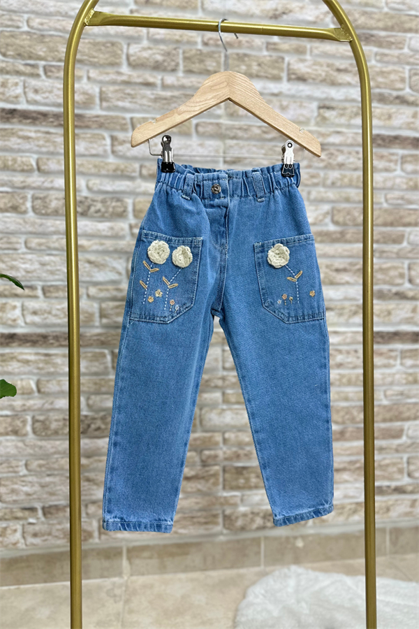 Kız Çocuk Örme Çiçekli Jean Pantolon