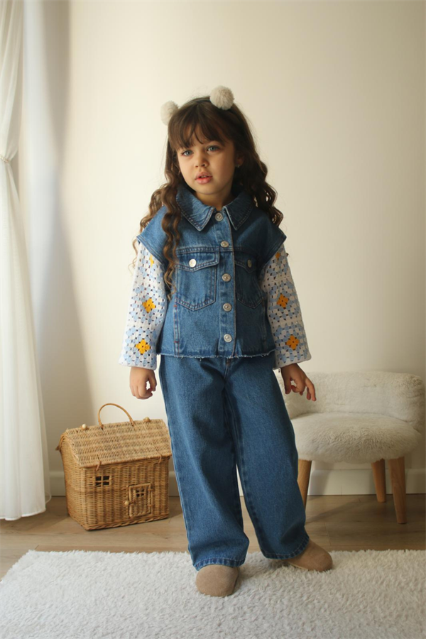 Kız Çocuk Örme Detaylı Jean Takım