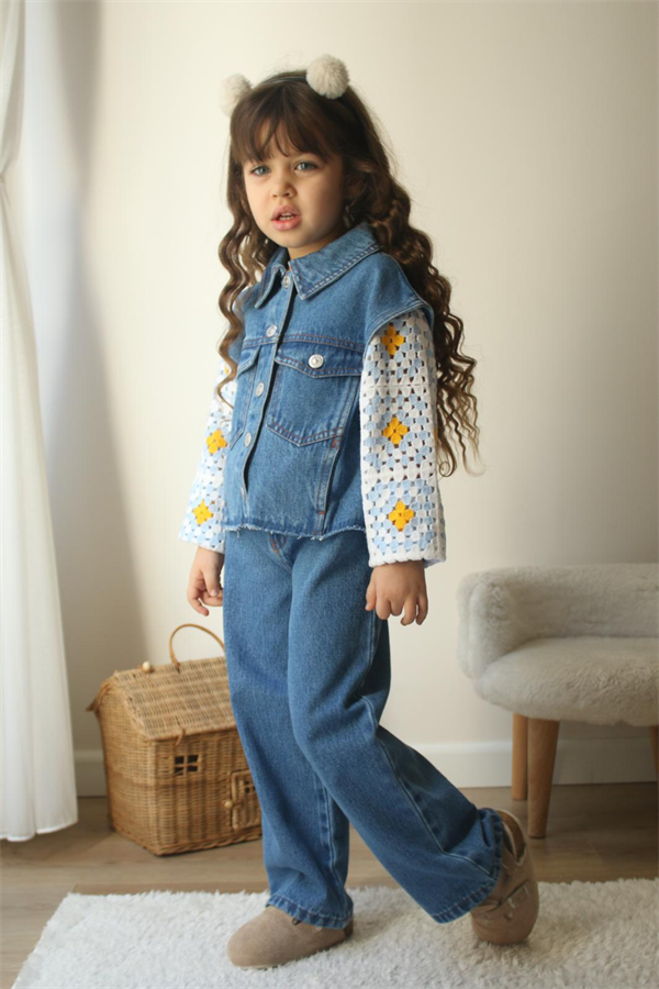 Kız Çocuk Örme Detaylı Jean Takım