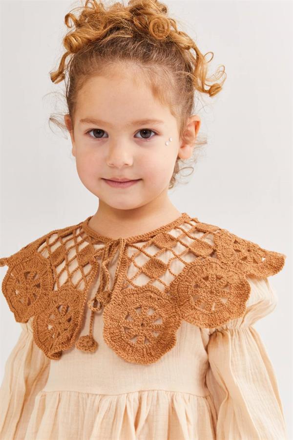 Kız Çocuk Örme Yakalı Müslin Krem Elbise