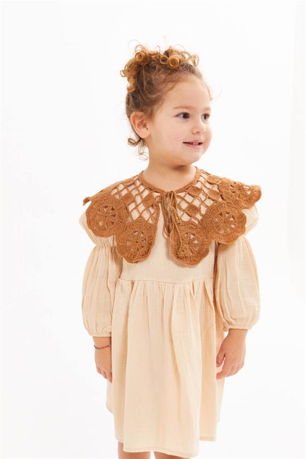 Kız Çocuk Örme Yakalı Müslin Krem Elbise