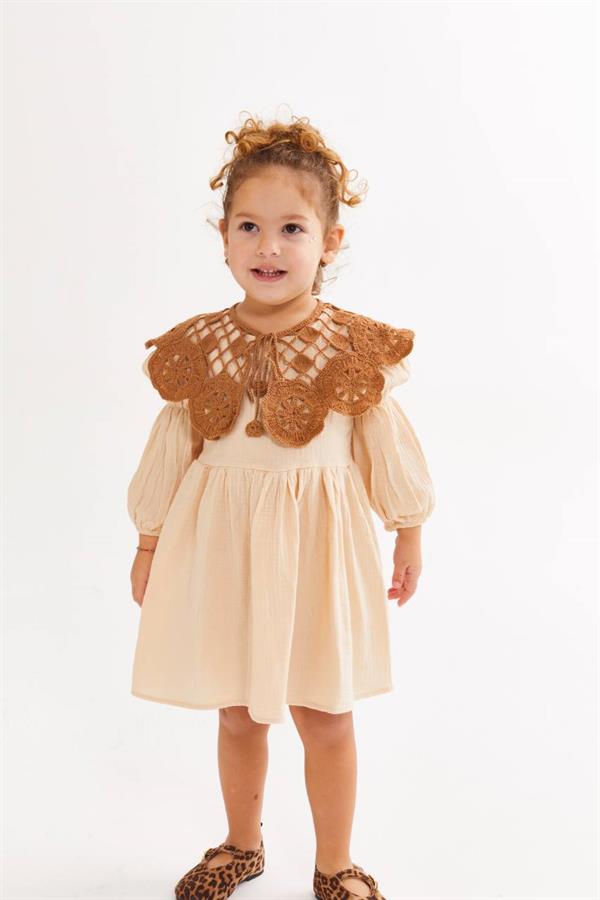 Kız Çocuk Örme Yakalı Müslin Krem Elbise