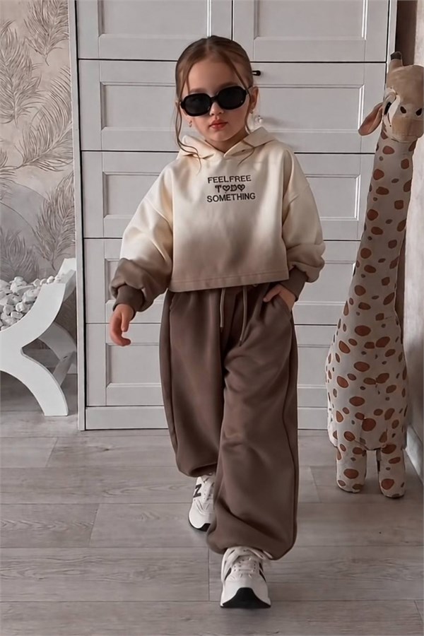 Kız Çocuk Oversize Kahve Kapüşonlu 3 İplik Takım