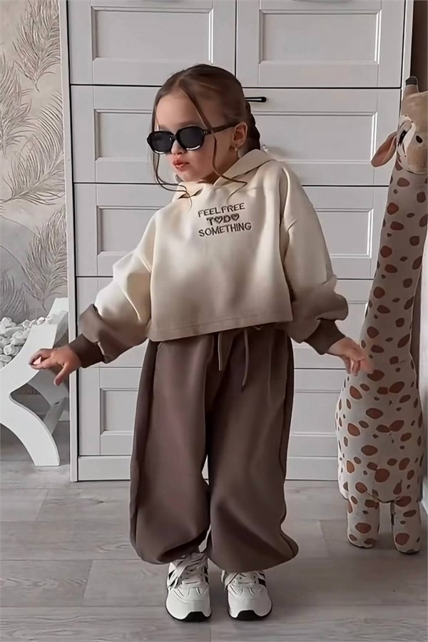 Kız Çocuk Oversize Kahve Kapüşonlu 3 İplik Takım