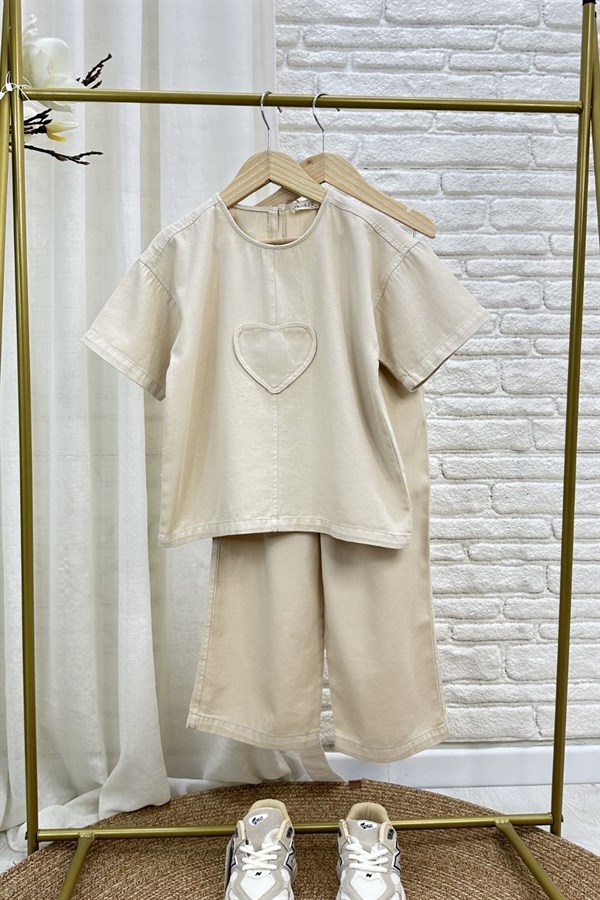 Kız Çocuk Özel Seri Gabardin Krem Kalpli Takım