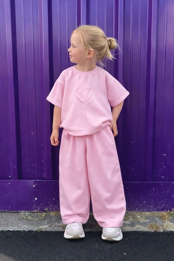 Kız Çocuk Özel Seri Gabardin Krem Kalpli Takım