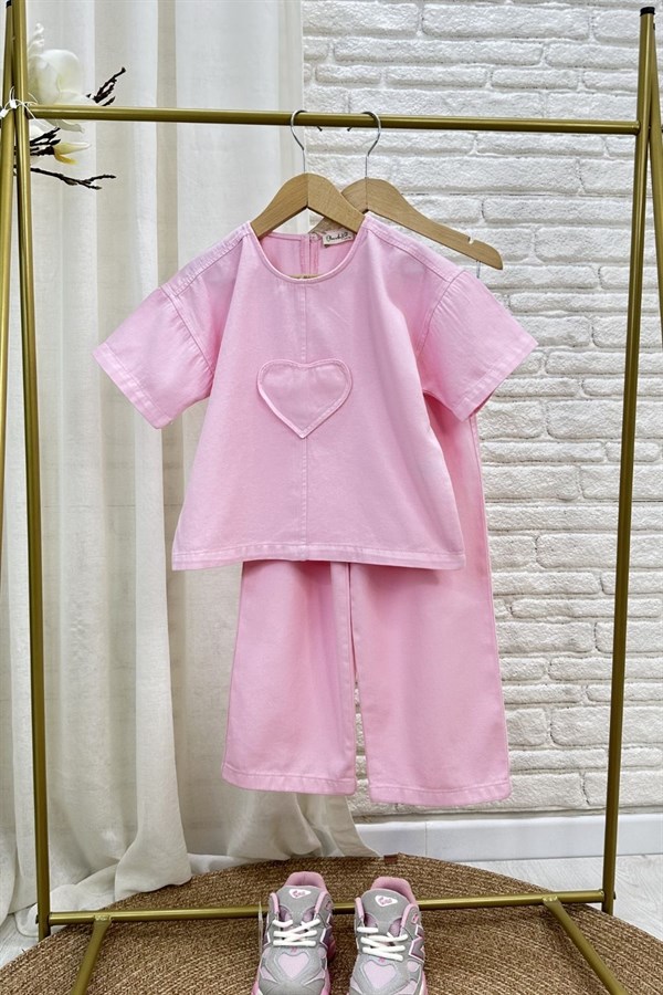 Kız Çocuk Özel Seri Gabardin Pembe Kalpli Takım