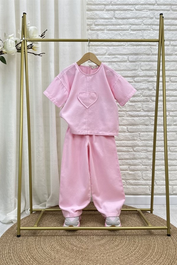 Kız Çocuk Özel Seri Gabardin Pembe Kalpli Takım