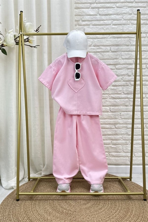 Kız Çocuk Özel Seri Gabardin Pembe Kalpli Takım