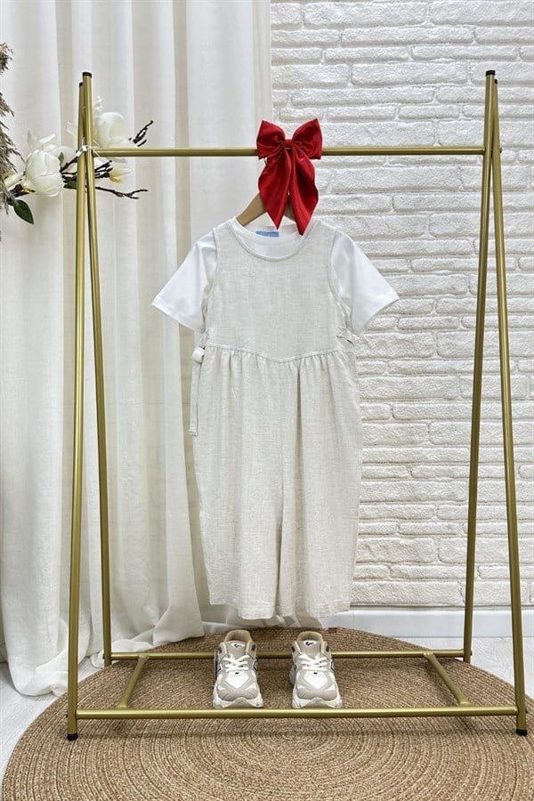 Kız Çocuk Özel Seri Keten Kapri Boy Naturel Tulum