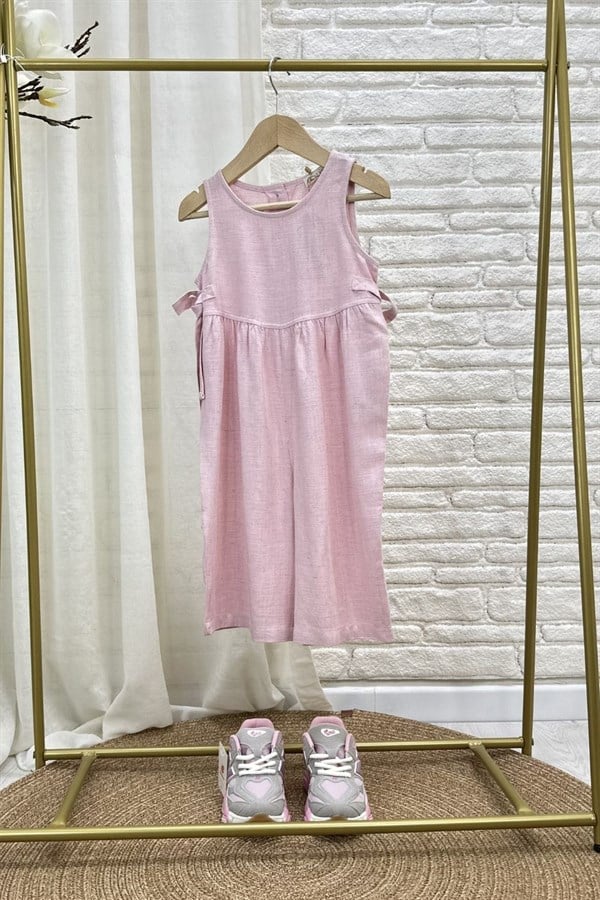 Kız Çocuk Özel Seri Keten Kapri Boy Pembe  Tulum