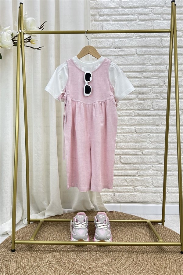 Kız Çocuk Özel Seri Keten Kapri Boy Pembe  Tulum