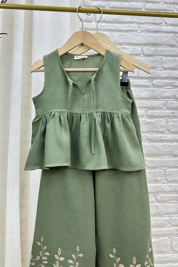 Kız Çocuk Özel Seri Keten Nakışlı Haki Takım