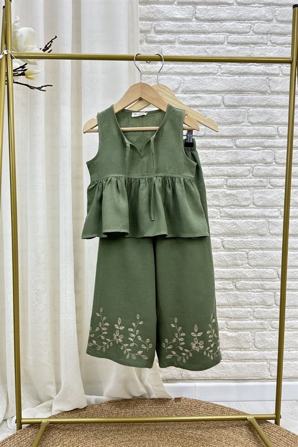 Kız Çocuk Özel Seri Keten Nakışlı Haki Takım