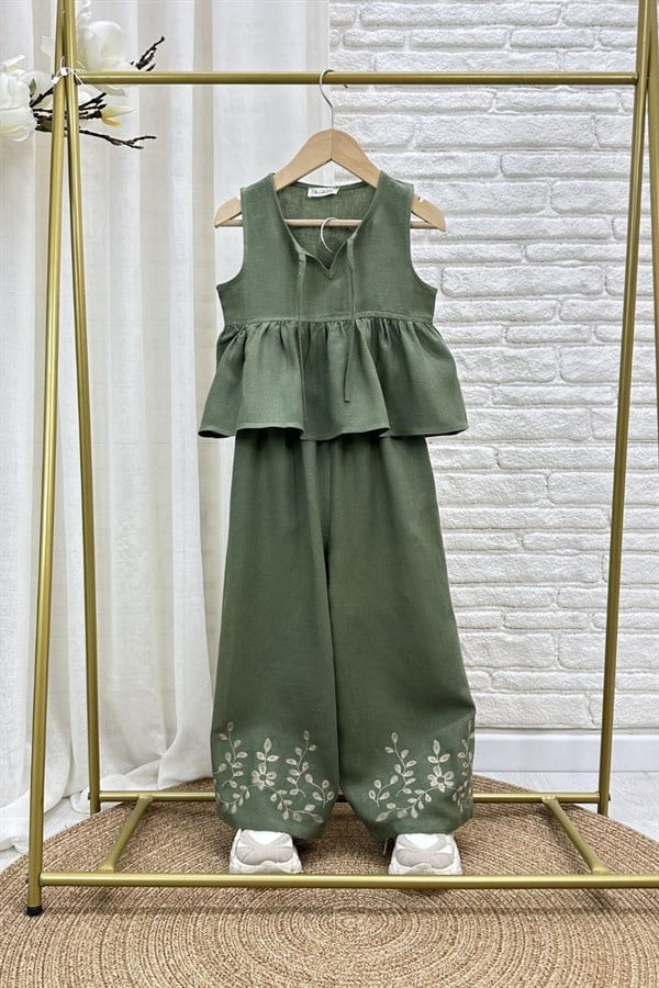 Kız Çocuk Özel Seri Keten Nakışlı Haki Takım