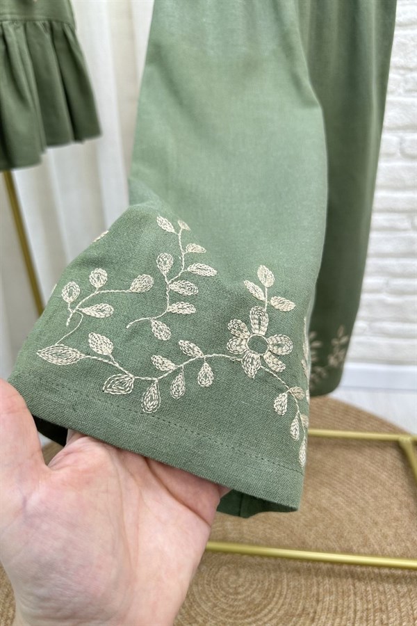 Kız Çocuk Özel Seri Keten Nakışlı Haki Takım