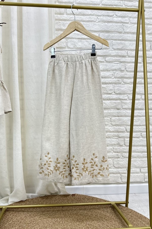 Kız Çocuk Özel Seri Keten Nakışlı Naturel Takım