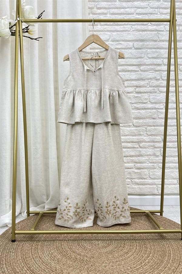 Kız Çocuk Özel Seri Keten Nakışlı Naturel Takım