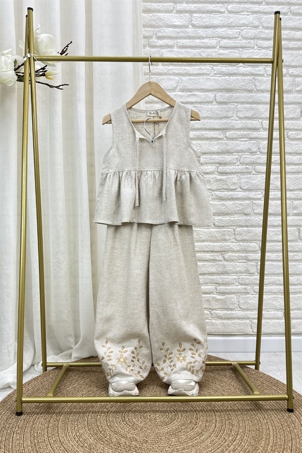 Kız Çocuk Özel Seri Keten Nakışlı Naturel Takım