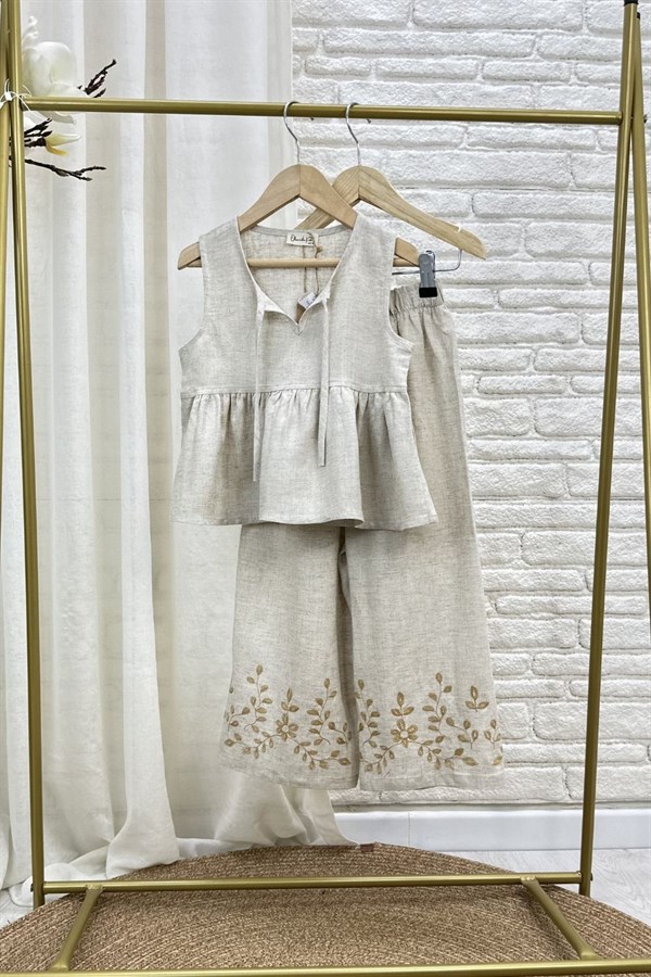 Kız Çocuk Özel Seri Keten Nakışlı Naturel Takım