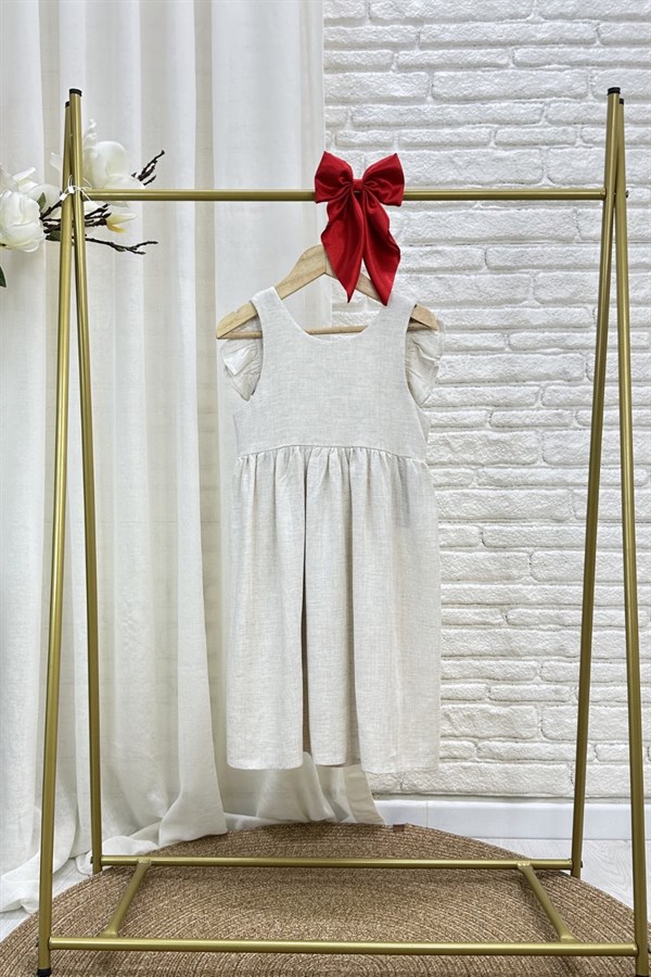 Kız Çocuk Özel Seri Keten Naturel Bağlamalı Elbise