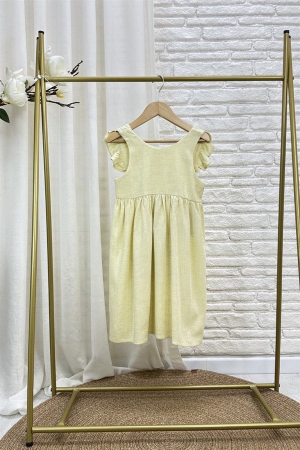 Kız Çocuk Özel Seri Keten Sarı Bağlamalı Elbise