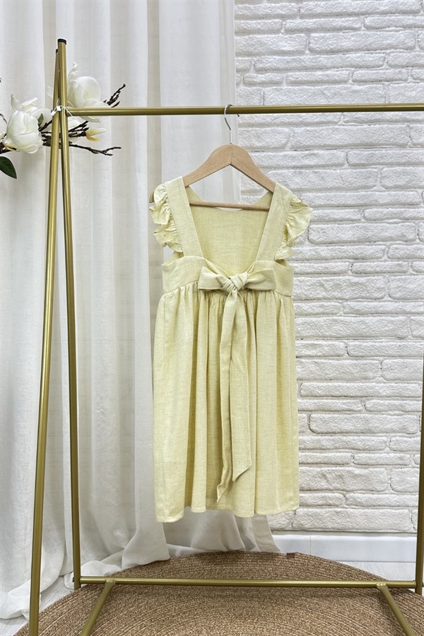 Kız Çocuk Özel Seri Keten Sarı Bağlamalı Elbise