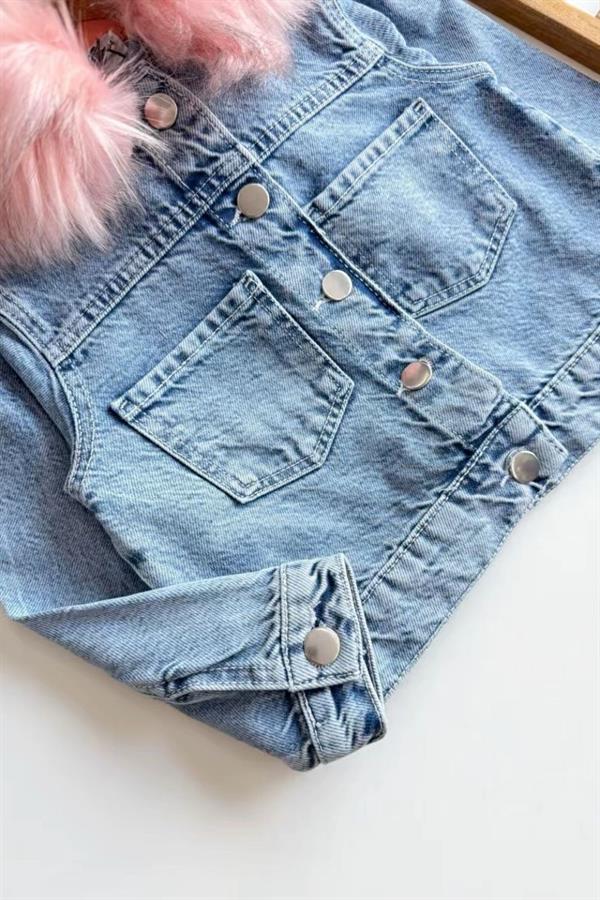 Kız Çocuk Peluş Detaylı Denim Ceket