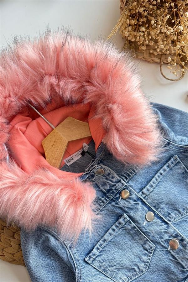 Kız Çocuk Peluş Detaylı Denim Ceket
