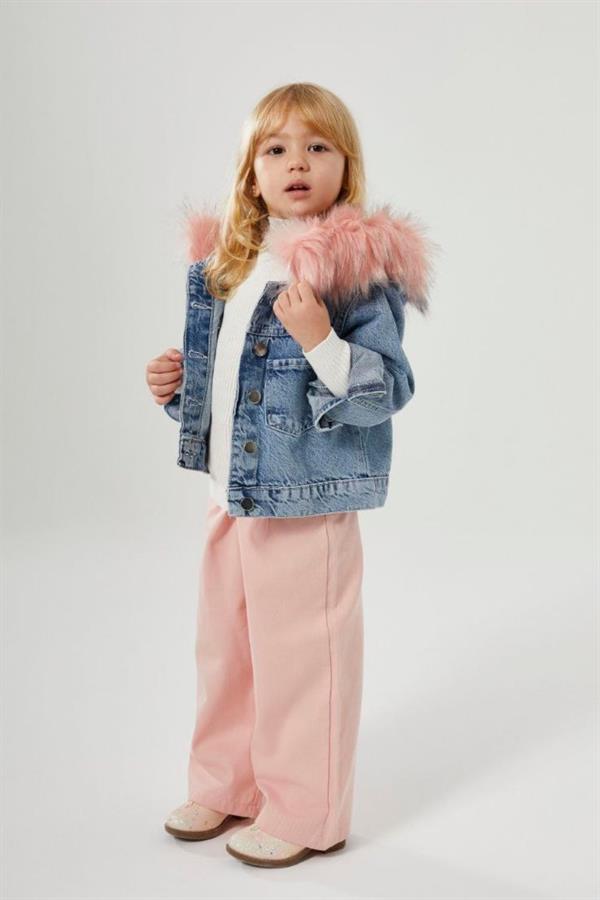 Kız Çocuk Peluş Detaylı Denim Ceket