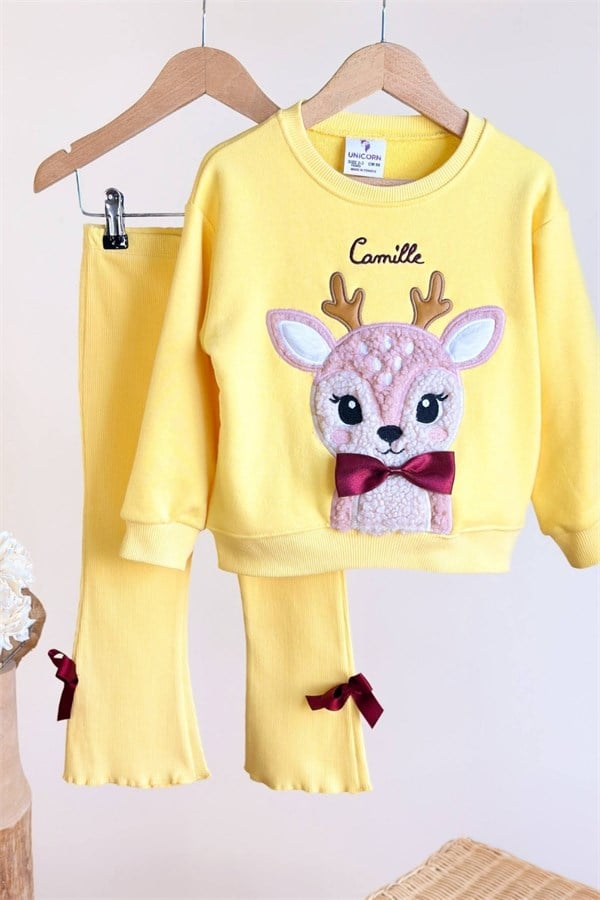 Kız Çocuk Peluş Geyikli Sarı Taytlı Takım