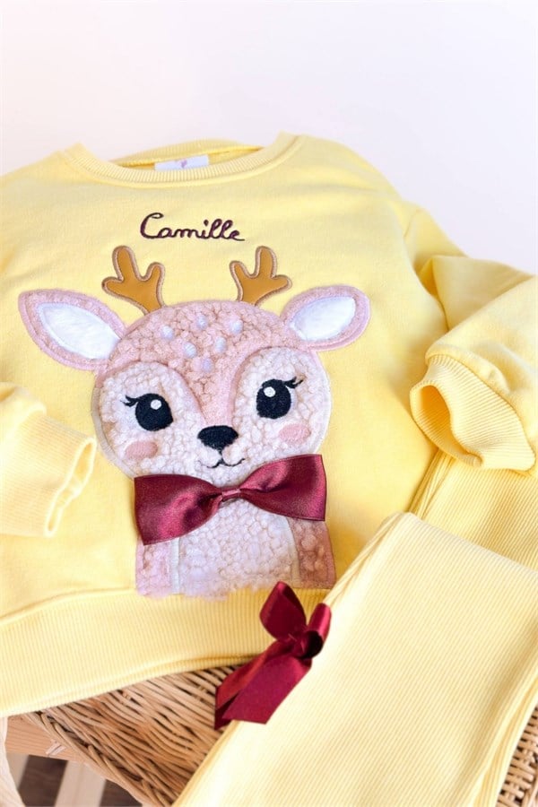 Kız Çocuk Peluş Geyikli Sarı Taytlı Takım