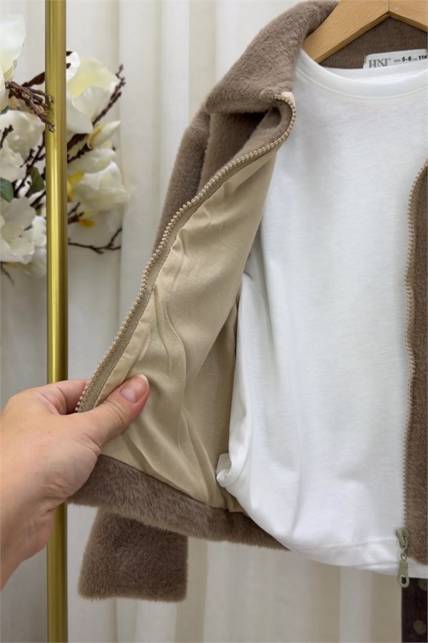 Kız Çocuk Peluş Kahve  Astarlı Ceket