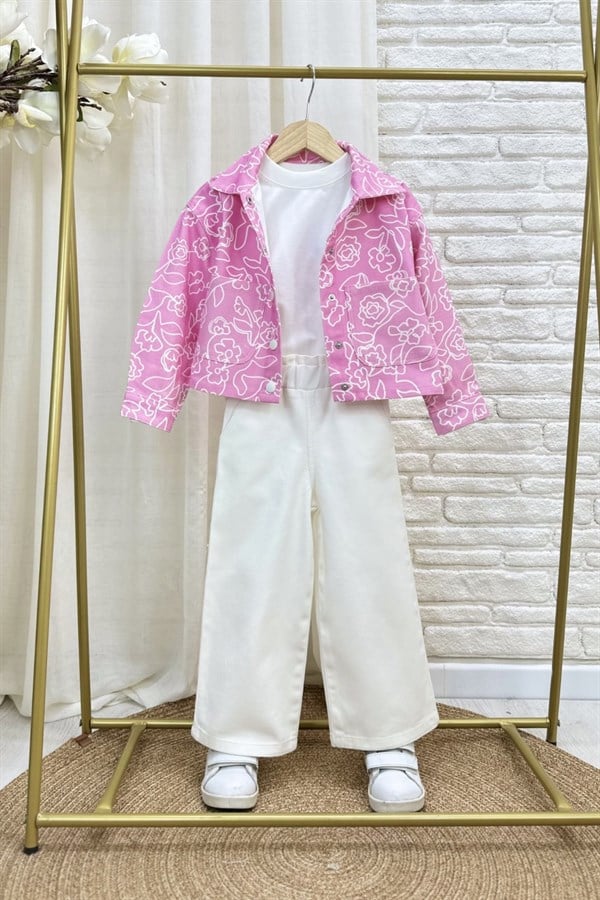 Kız Çocuk Pembe Çiçekli Denim İkili Takım