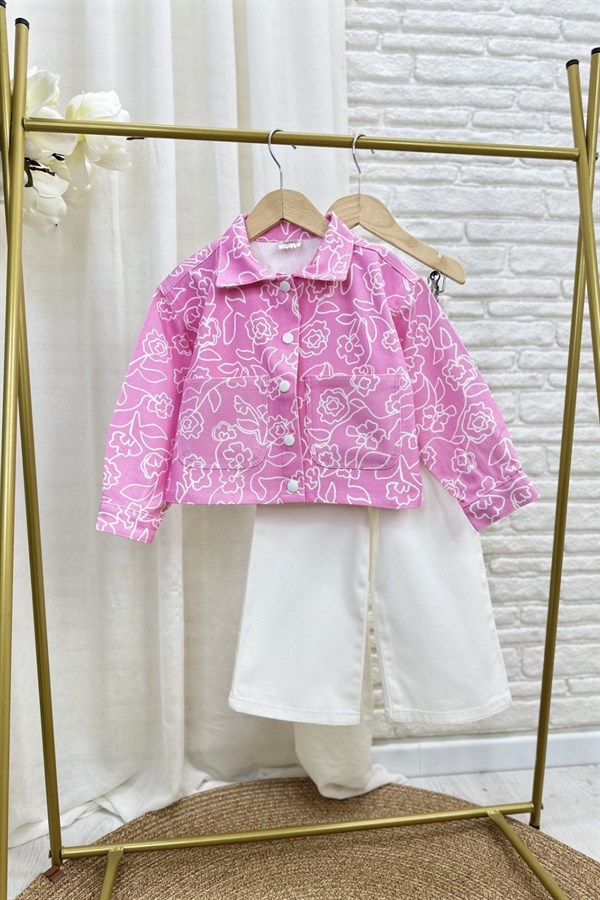 Kız Çocuk Pembe Çiçekli Denim İkili Takım