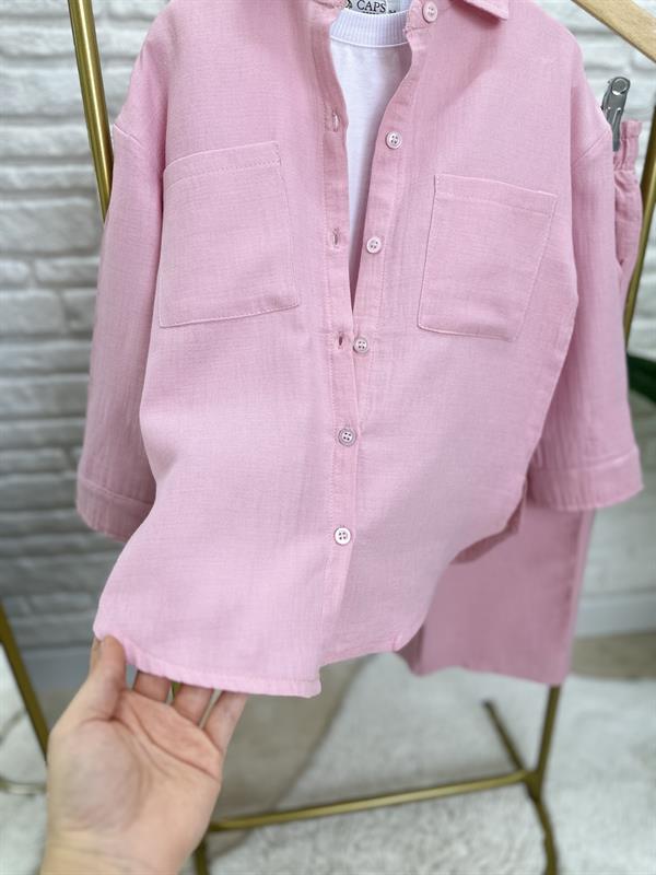 Kız Çocuk Pembe Gömlekli Müslin Takım