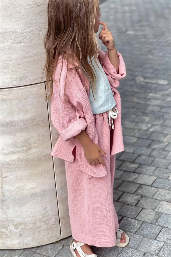 Kız Çocuk Pembe Gömlekli Müslin Takım