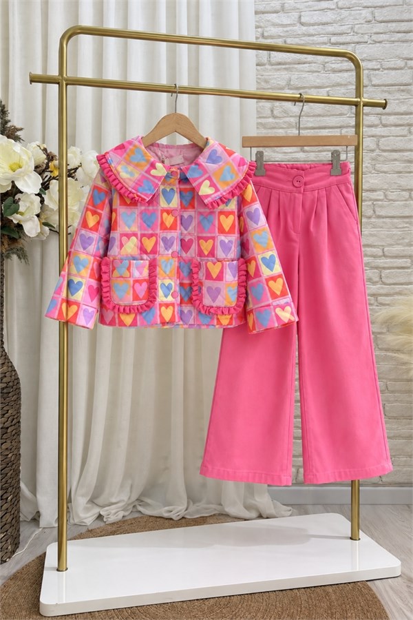 Kız Çocuk Pembe Kapitone Ceket Denim  Takım