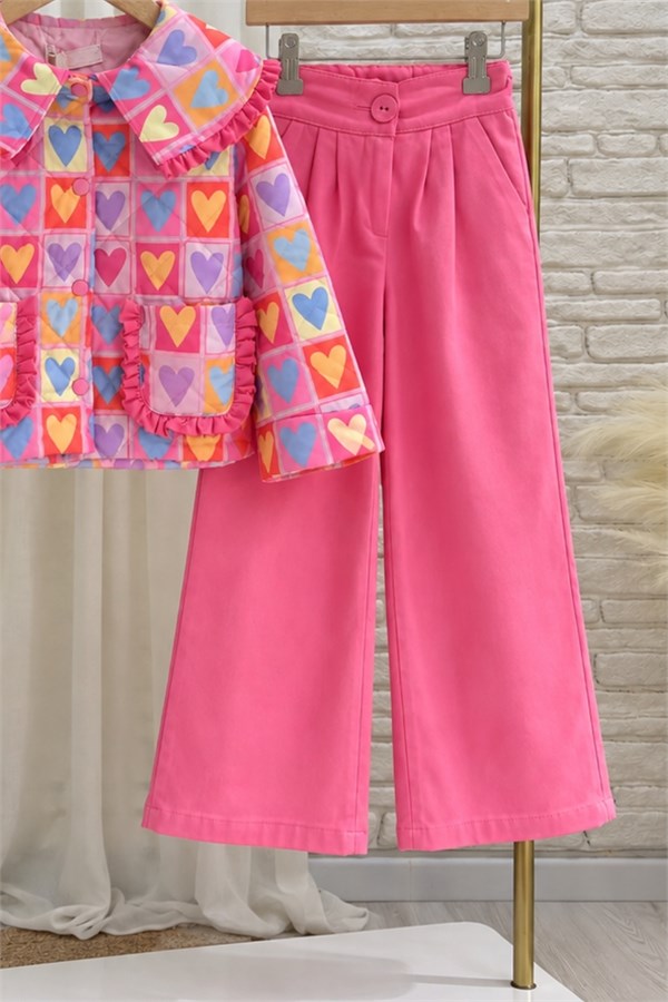 Kız Çocuk Pembe Kapitone Ceket Denim  Takım