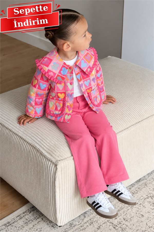 Kız Çocuk Pembe Kapitone Ceket Denim  Takım