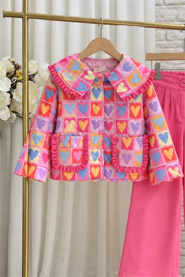 Kız Çocuk Pembe Kapitone Ceket Denim  Takım