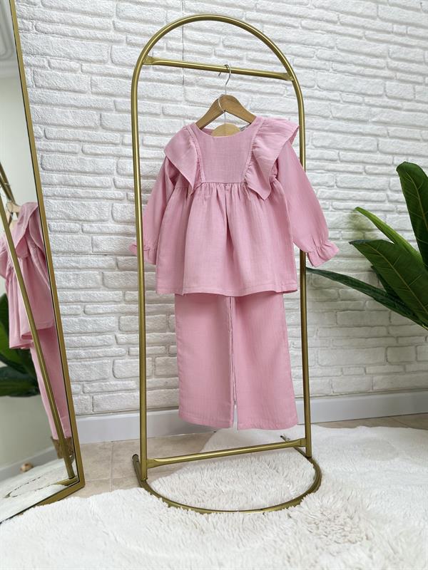 Kız Çocuk Pembe Tunikli Müslin Takım
