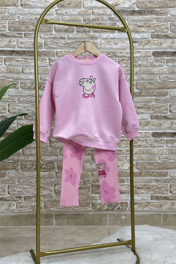 Kız Çocuk Peppa Baskı Pembe Taytlı Takım