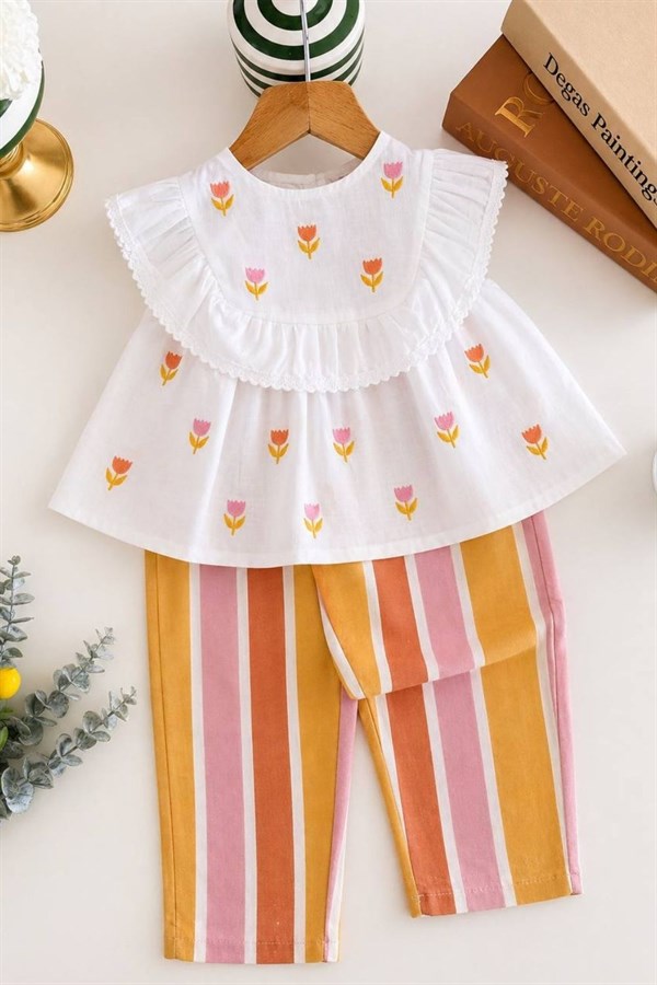 Kız Çocuk Poplin Gömlek Keten Pantolon  İkili Takım