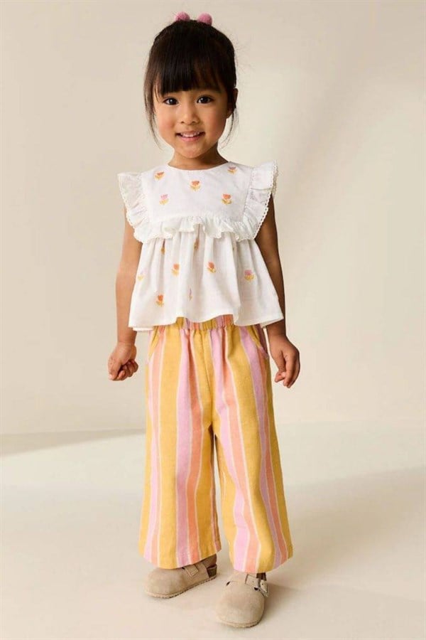 Kız Çocuk Poplin Gömlek Keten Pantolon  İkili Takım