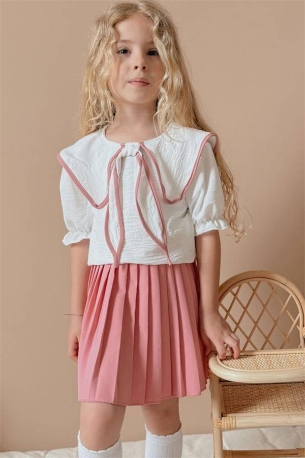 Kız Çocuk Pudra Piliseli Eetek Bluz Takım
