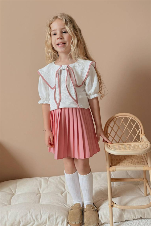 Kız Çocuk Pudra Piliseli Eetek Bluz Takım