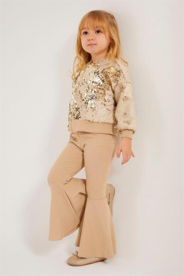 Kız Çocuk Pul Payetli Krem Tayt Takım